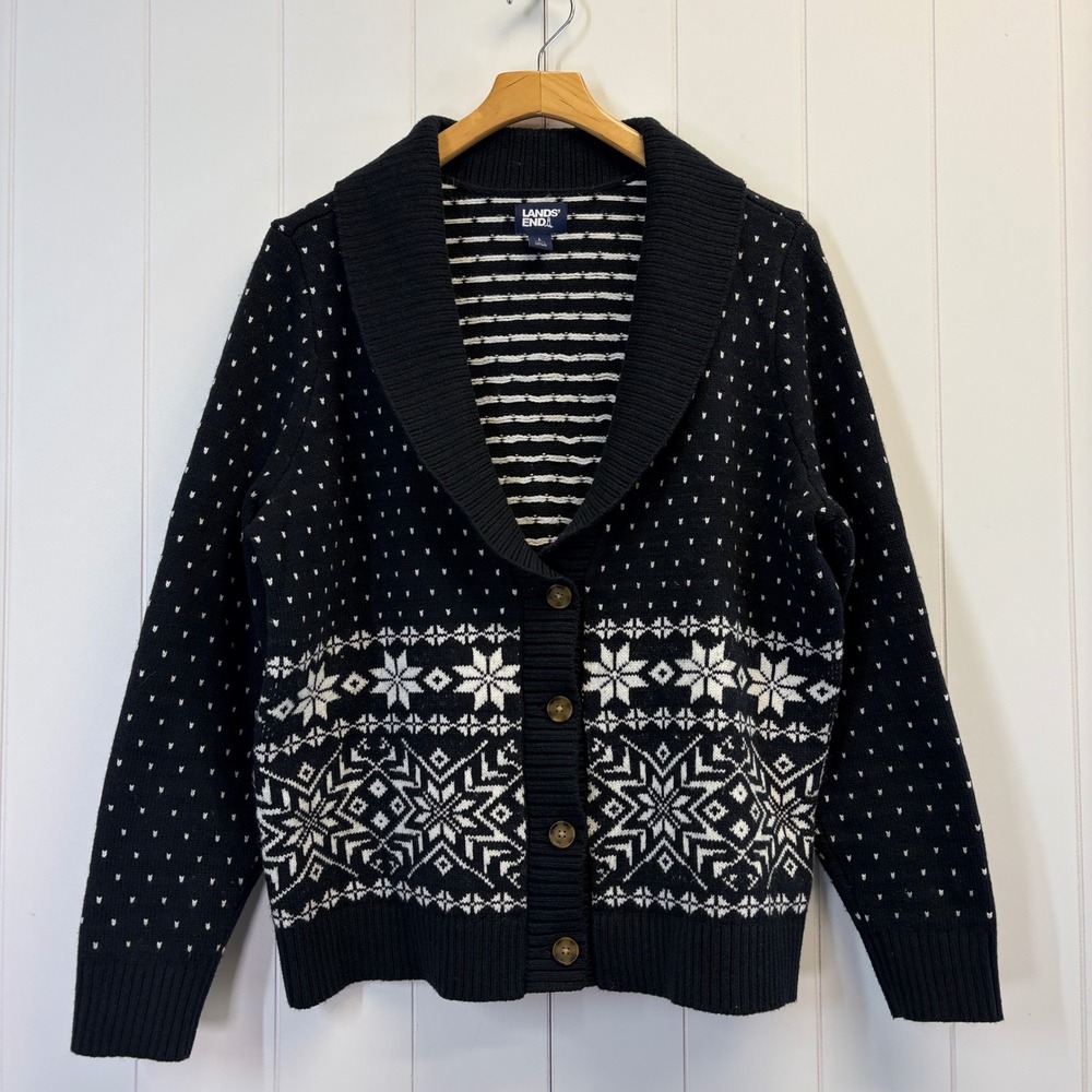 Lands End Preppy Birds Eye Snowflake Cardigan Sweater Women Size L Dark Academia